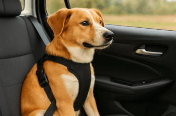 dog wearing a seat belt to ensure dogs safety whilr traveling