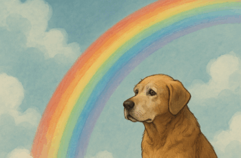 older dog in front of the rainbow bridge