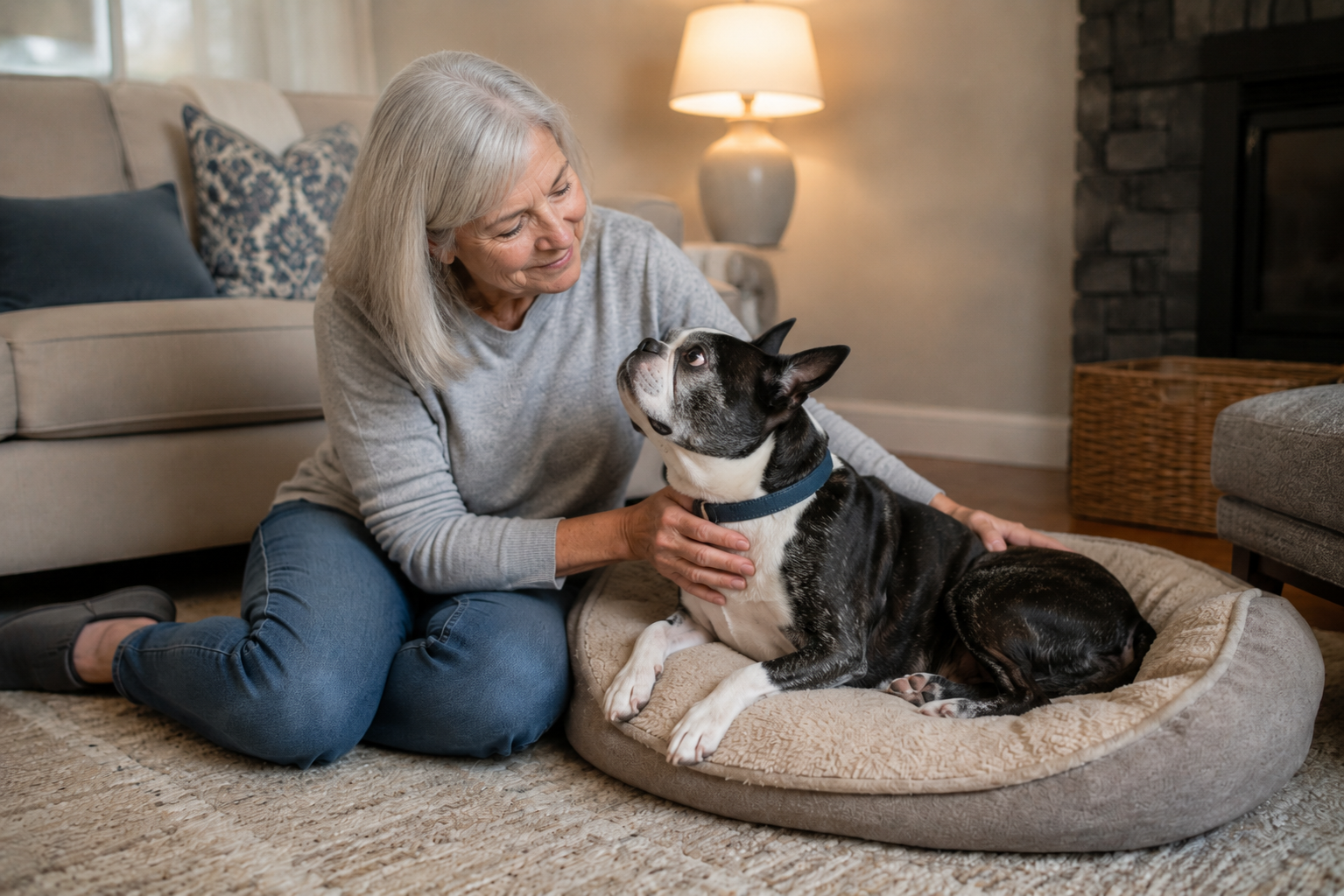 Older woman sitting on the floor beside a senior black-and-white Boston Terrier resting on a soft bed in a calm home setting