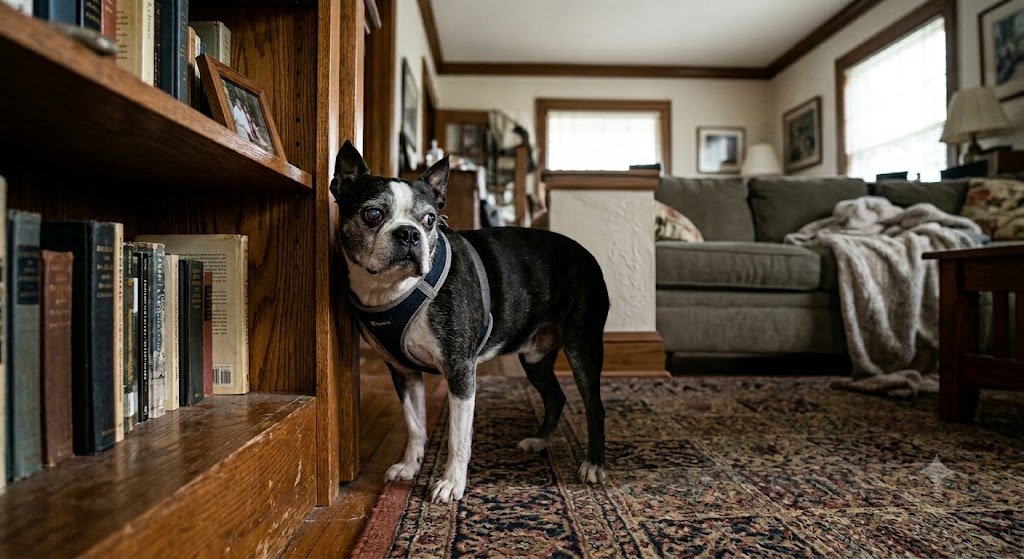 Senior dog appearing confused beside a bookshelf, showing possible signs of canine cognitive dysfunction.