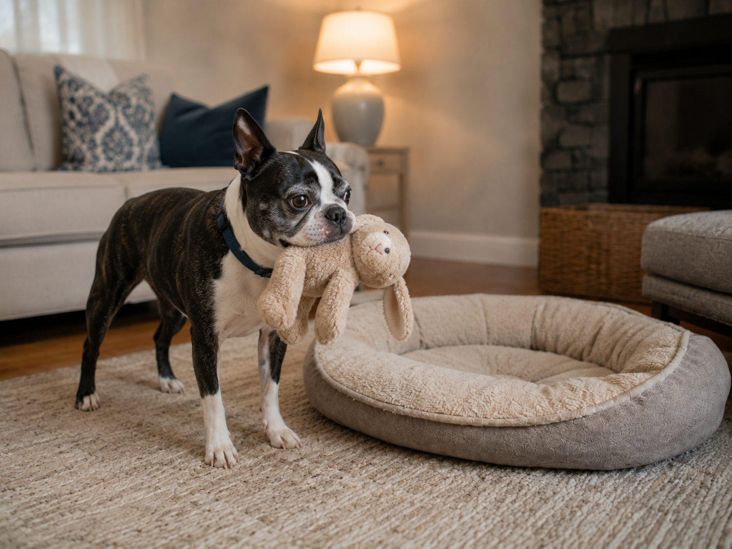 Senior black and white Boston Terrier with dementia beside its bed holding a soft toy in a calm home setting