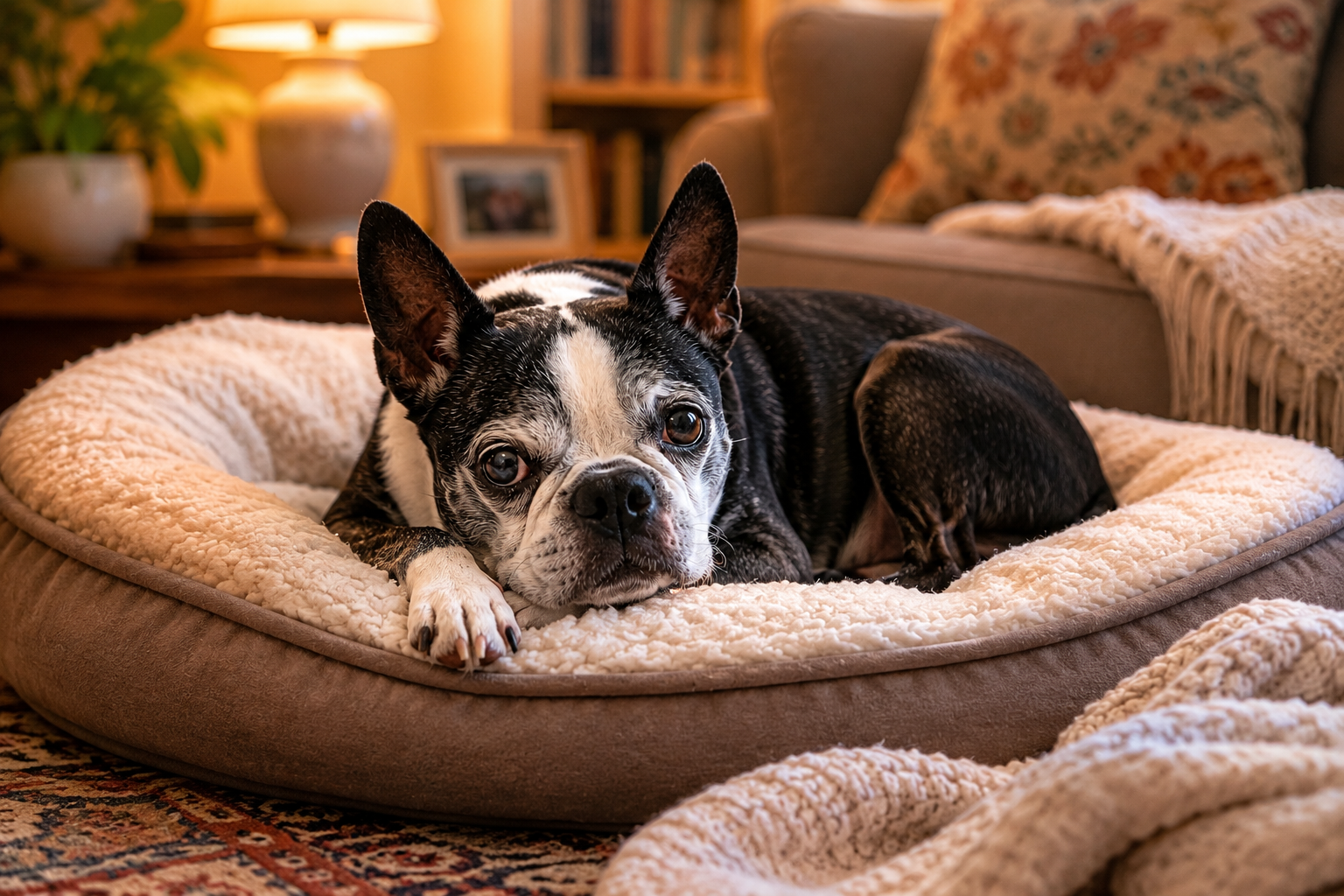 Happy little senior dog with dementia resting in a soft bed at home.