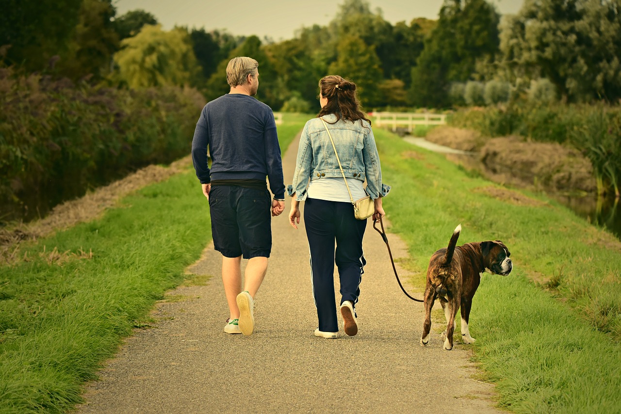 man, woman, walking a dog for their good health