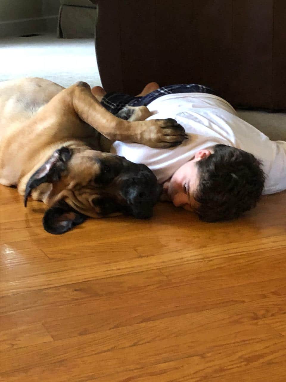 a boy and his dog napping on the hardwood floor