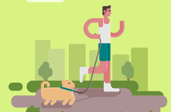 cartoon of a man and dog in a city jogging