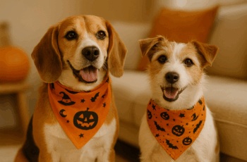 Keeping your dog safe on halloween is an important goal.These two pups sit calmly on the front porch, watching the festivities,