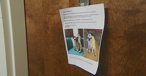 Note posted on the outside of apartment door. woman apologizes for dog's howling
