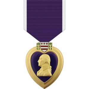 purple ribbon, heart shaped medal with silhouette of Washington