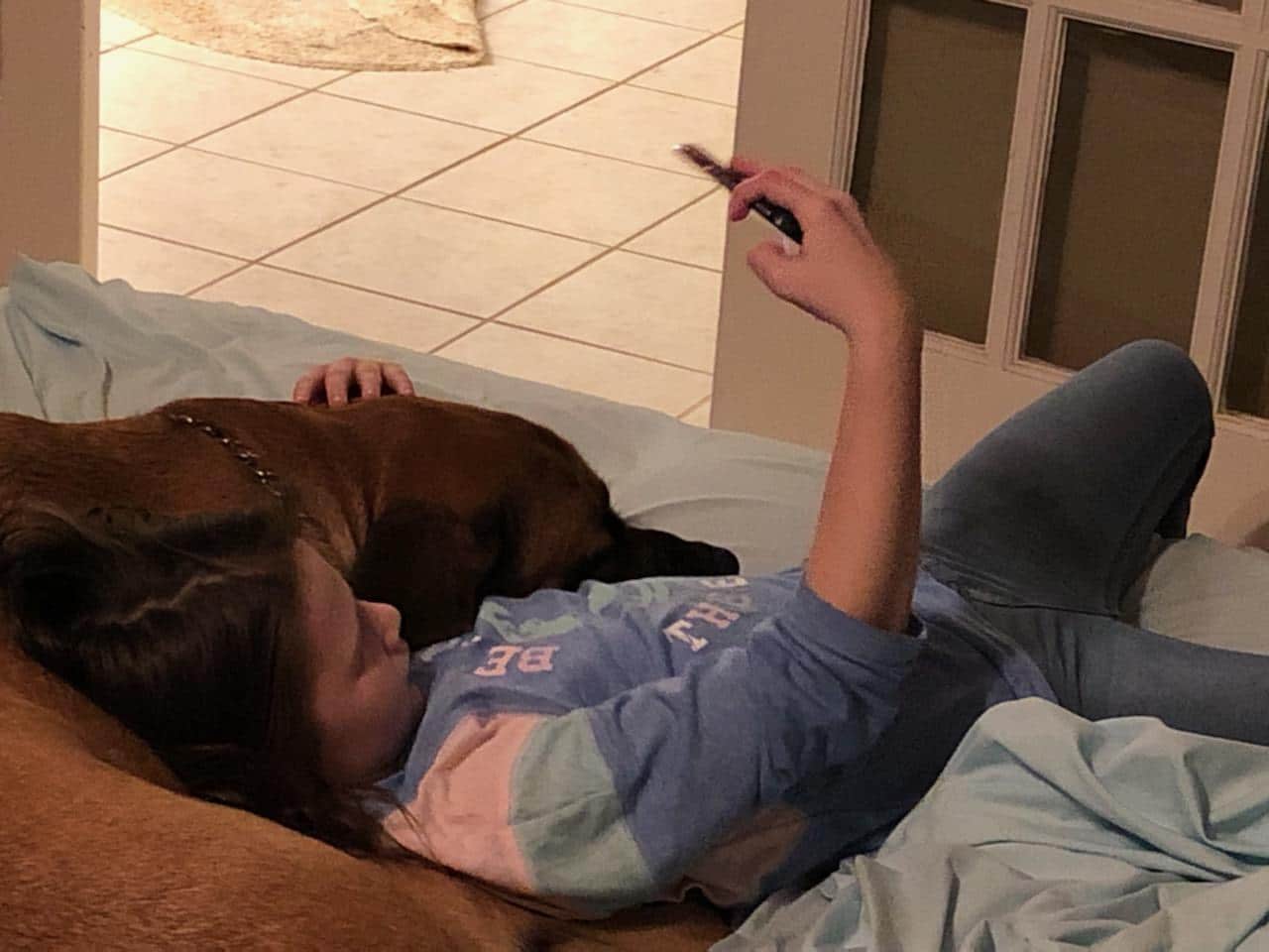 Little Girl Taking a Selfie of Her and Her Mastiff