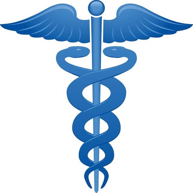 a staff withwings and thwo snakes entwined about it as a symbol for medicine