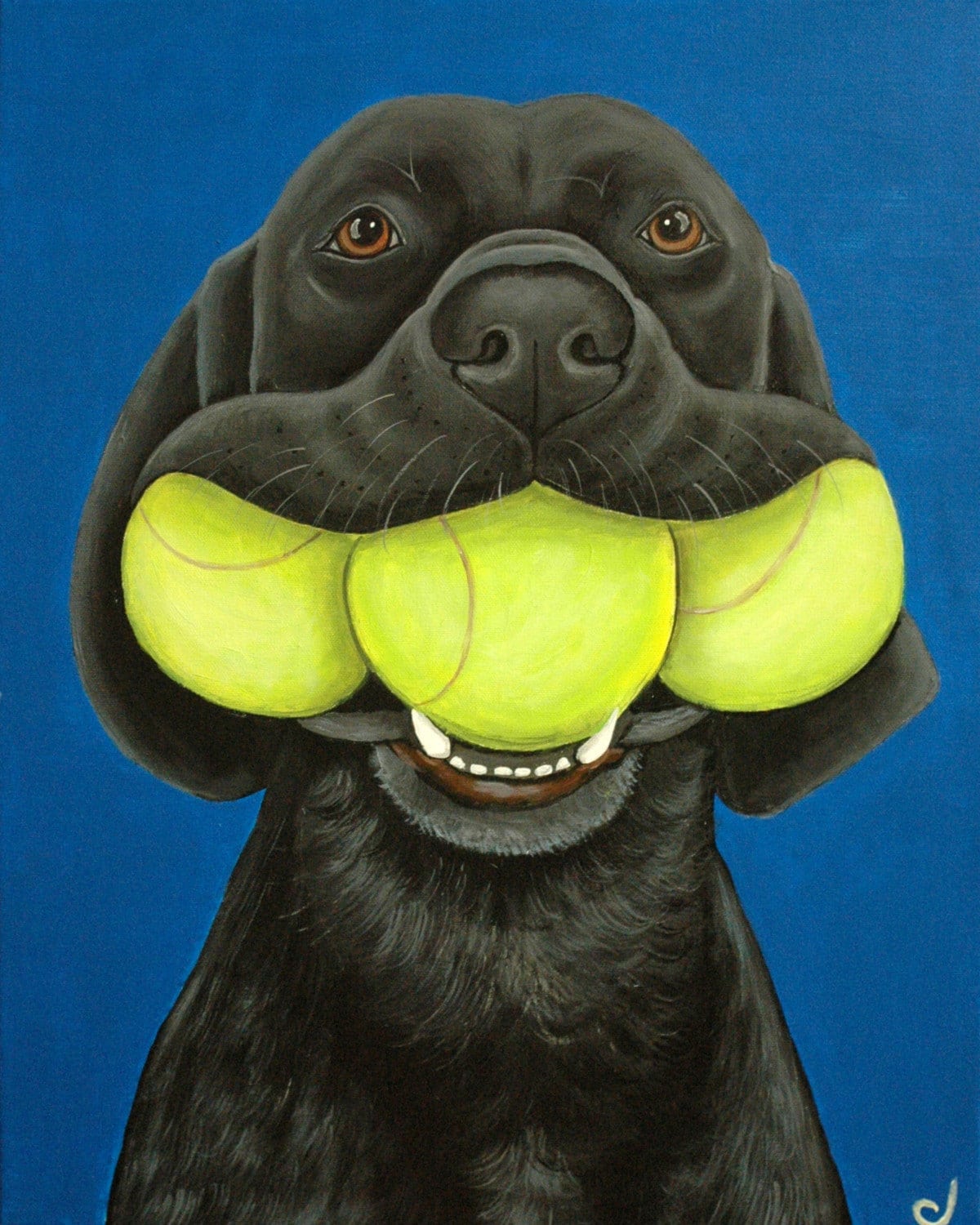 drawing of black lab with three rennis balls in his mouth