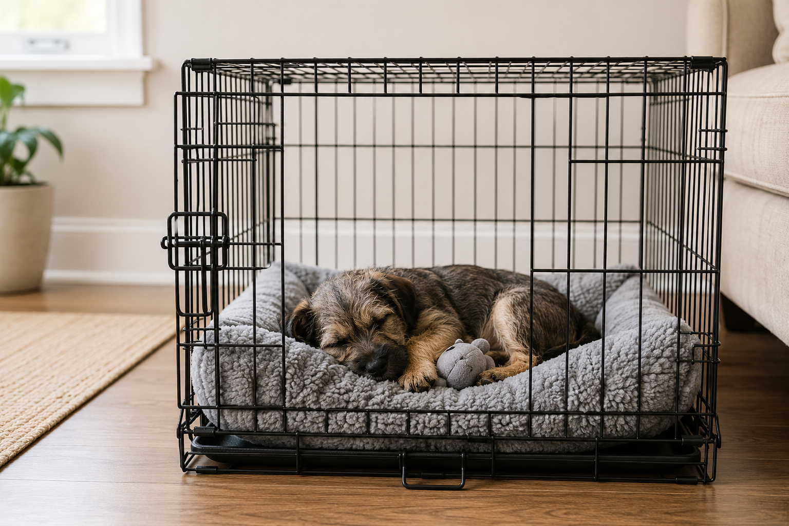 Puppy resting calmly in a crate during puppy potty training.