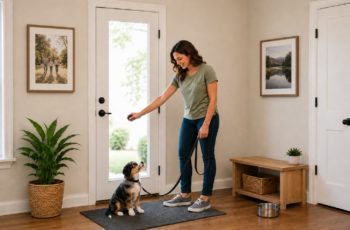 Puppy potty training with a woman guiding a puppy by the door for an outdoor potty break.