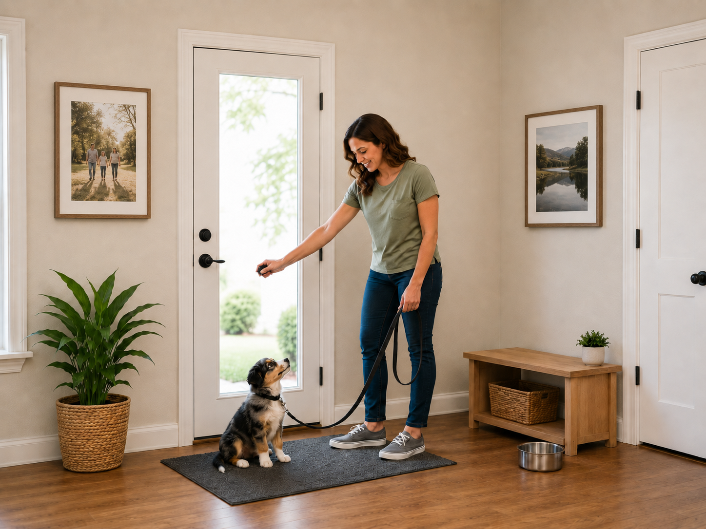 Puppy potty training with a woman guiding a puppy by the door for an outdoor potty break.