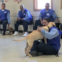 dog hugging a prisoner