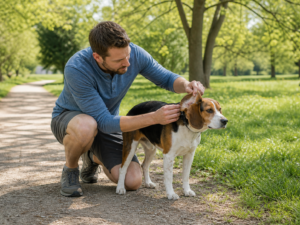Man checking a Beagle’s ear for ticks during a park walk to help prevent Lyme disease in dogs.