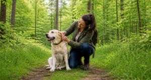 Dog owner checking a dog for ticks on a wooded trail to help prevent Lyme disease in dogs.
