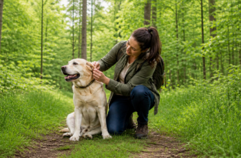 Dog owner checking a dog for ticks on a wooded trail to help prevent Lyme disease in dogs.