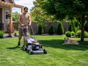 Man mowing a well-manicured backyard while a dog rests nearby, showing how keeping grass trimmed can help reduce ticks and lower Lyme disease risk.