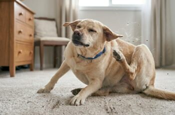 dog with fleas scratching inside home environment showing flea infestation symptoms