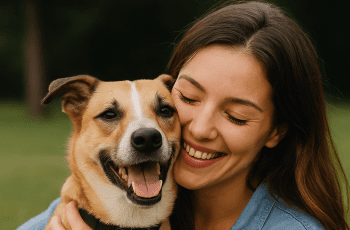 meme for dog adoption showing a smiling woman and a dog
