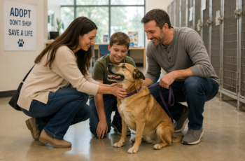 Family meeting an adoptable dog at an animal shelter