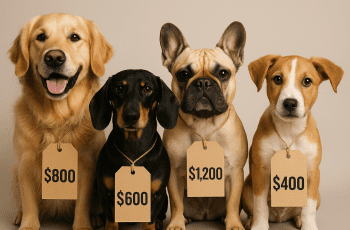 four dogs with price tags indicating dog breeds cost