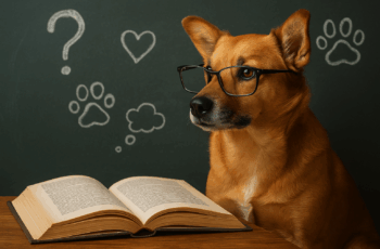 image of a dog with a book and in a thinking pose consistent with canine philosophy