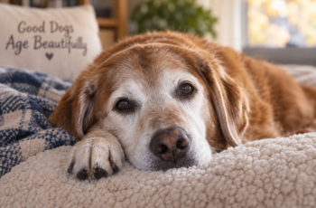 Senior golden retriever resting comfortably on a soft dog bed
