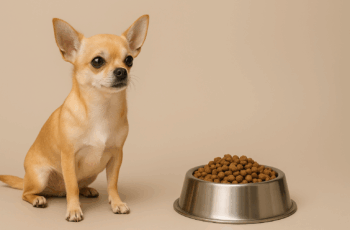 Tiny dog and his food bowl for post on best dog foods for small breeds