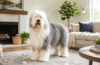 Dog shedding tips for managing loose fur from a fluffy Old English Sheepdog at home.
