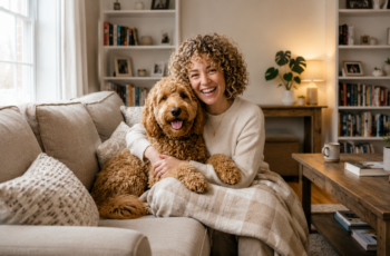 Woman with curly hair sitting on a sofa with her curly-coated dog, both smiling and looking alike.