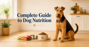 Airedale Terrier sitting beside a bowl of dogfood and fresh vegetables for a Complete Guide for Dog Nutrition article