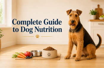 Airedale Terrier sitting beside a bowl of dogfood and fresh vegetables for a Complete Guide for Dog Nutrition article