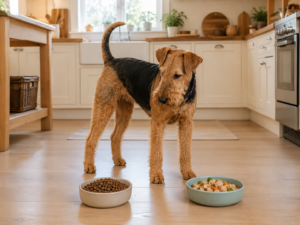 Airedale Terrier choosing between a bowl of kibble and a bowl of home-prepared dog food in a bright kitchen