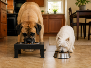 Large Mastiff eating from a raised feeder beside a small Westie eating from a floor bowl in a kitchen