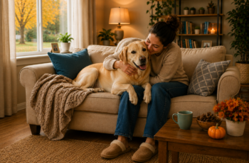 Woman hugging a Labrador as the dog offers quiet companionship and comfort