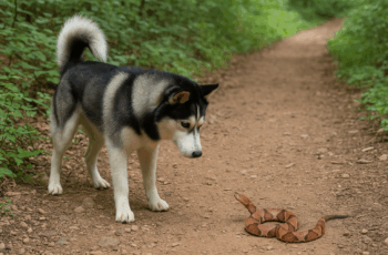 dog ona trail looking at a snake