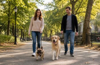 French Bulldog and Labrador Retriever walking with their owners in a city park, illustrating the Frenchie’s rise in popularity.