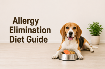 Beagle with food in a bowl for the dog allergy elimination diet guide