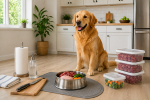 dog with a raw diet foods in a bowl is surrounded by reminders to keep it safe