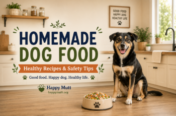 dog with bowl of food for the article on Homemade Dog food with healthy recipes