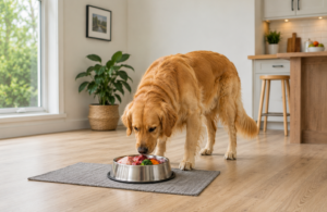 dog eating a raw diet meal from a stainless steel bowl