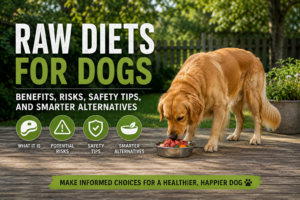 dog eating from a bowl with text about raw diets for dogs