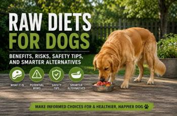 dog eating from a bowl with text about raw diets for dogs