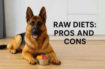 German shepherd with dog food bowl and text saying raw diets Pros and Cons