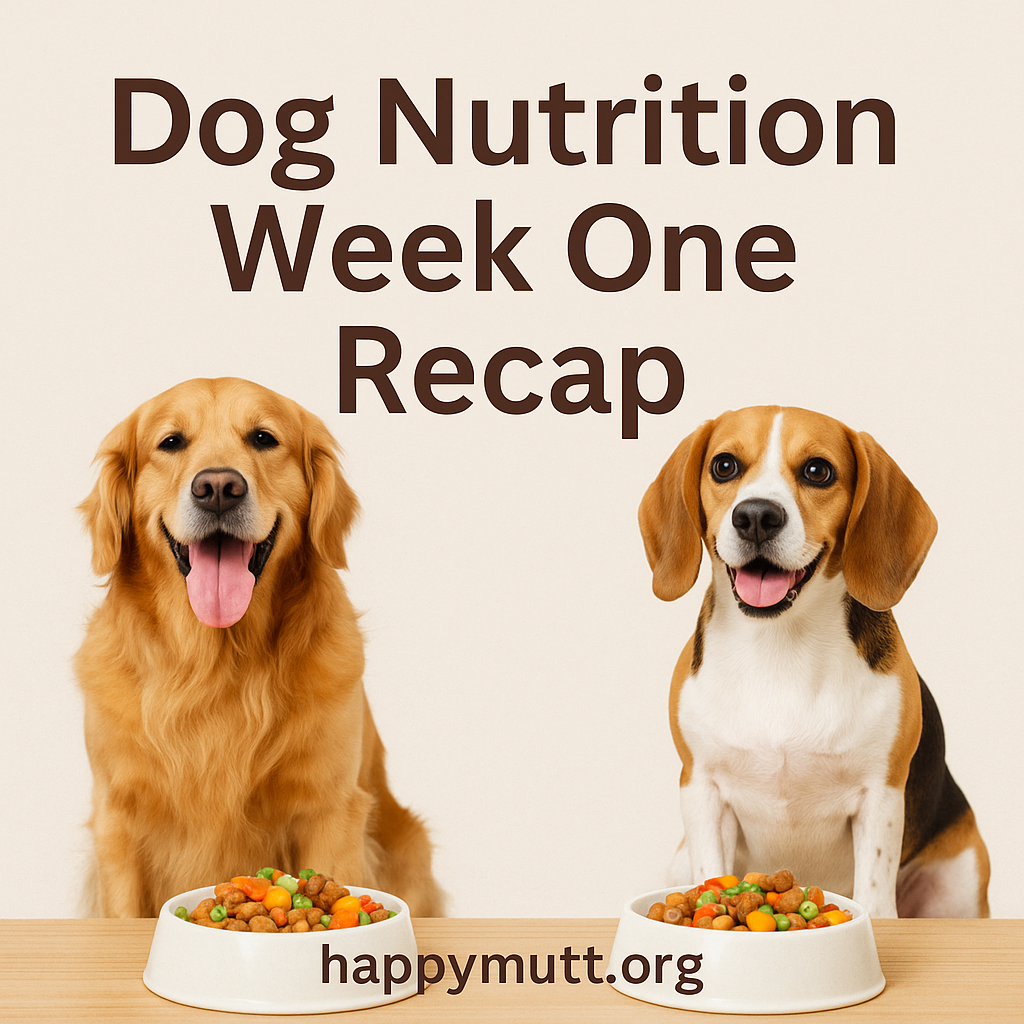 Two dogs with dog bowls and titled Dog Nutrition Week One Recap