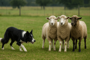 Border Collie herding a small group of sheep in a grassy field, demonstrating clear communication and control.
