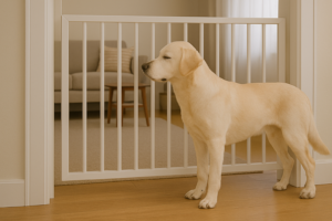 Safe home layout for caring for a blind dog with clear walking paths