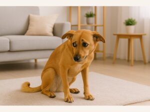 Nervous rescue dog body language during new dog adjustment and decompression at home.